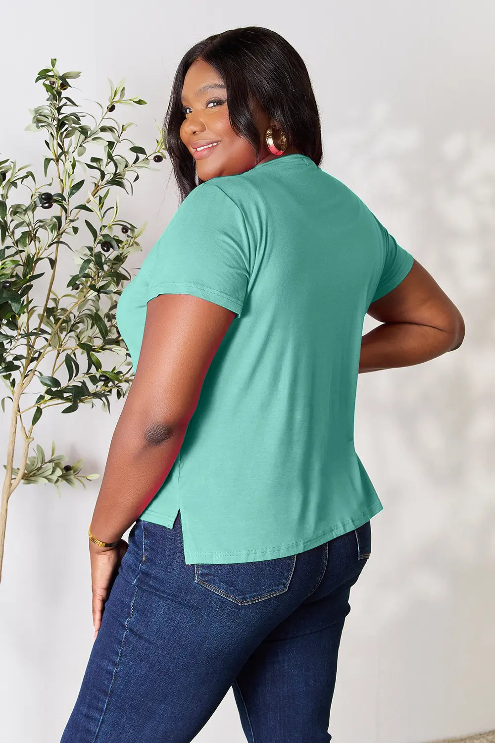Gray Basic Bae full size round neck short sleeve T-shirt by Trendsi, casual fit, soft fabric, displayed on a plain background
