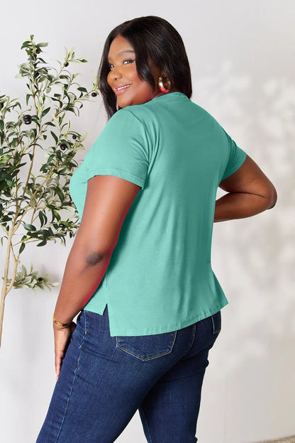 Gray Basic Bae full size round neck short sleeve T-shirt by Trendsi, casual fit, soft fabric, displayed on a plain background