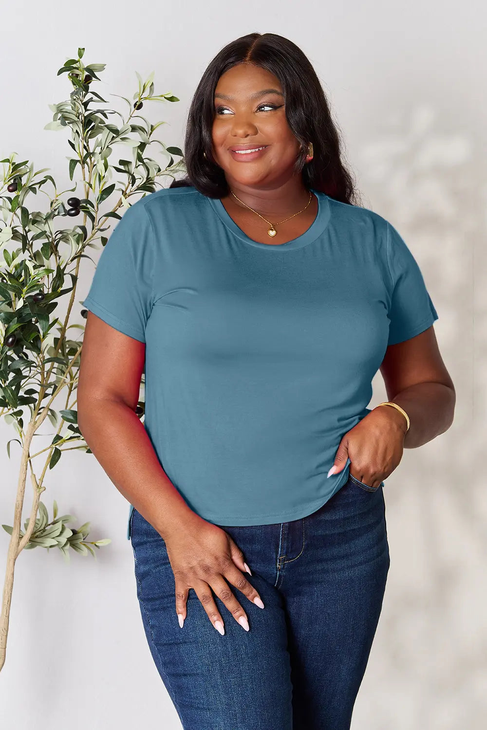 Gray Basic Bae full-size round neck short sleeve T-shirt by Trendsi, soft cotton fabric, casual fit, lightweight and comfortable.