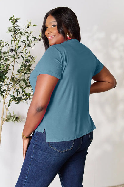 Gray Basic Bae full-size round neck short sleeve T-shirt by Trendsi, casual cotton tee for everyday wear.