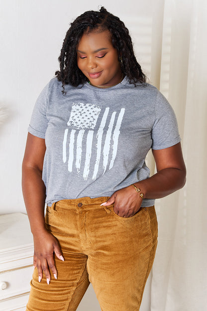 Gray Simply Love US Flag graphic cuffed sleeve T-shirt by Trendsi, featuring patriotic design and casual fit.