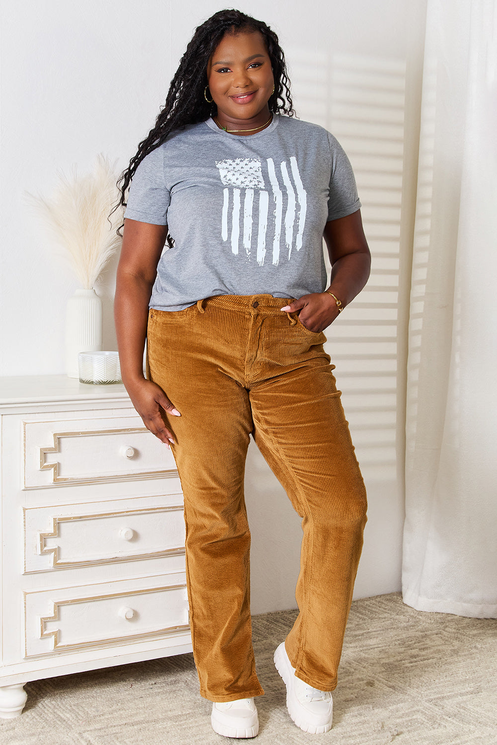 Gray cuffed sleeve T-shirt by Trendsi featuring a Simply Love US flag graphic on the front.