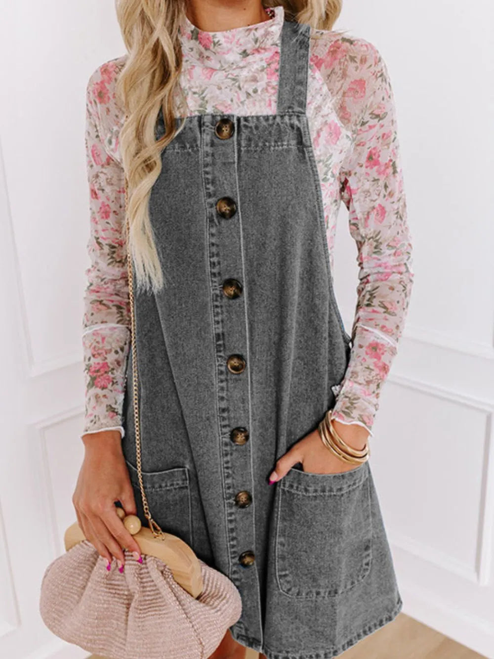 Gray wide strap button-down denim overall dress by Trendsi, featuring adjustable straps and front pockets.