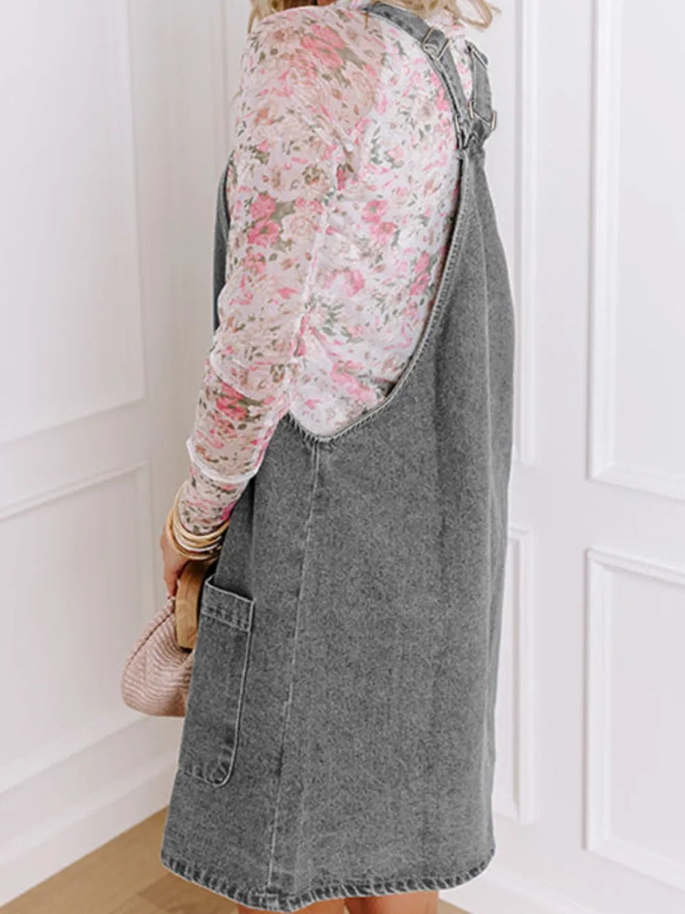 Gray wide strap button-down denim overall dress by Trendsi, featuring adjustable straps and front pockets.