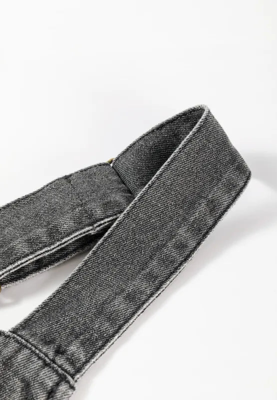 Gray wide strap button-down denim overall dress by Trendsi, featuring adjustable straps and front pockets.