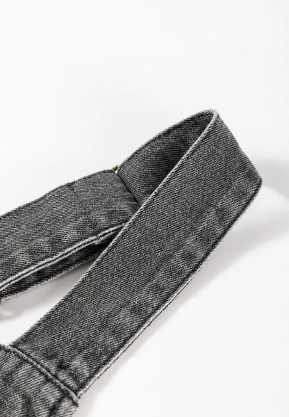 Gray wide strap button-down denim overall dress by Trendsi, featuring adjustable straps and front pockets.