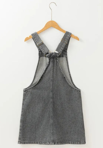Gray wide strap button-down denim overall dress by Trendsi featuring a relaxed fit and front pockets.