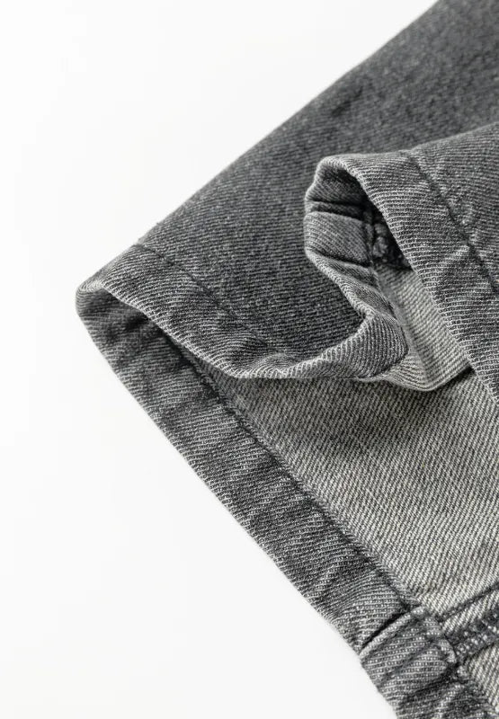 Gray wide strap button-down denim overall dress by Trendsi, featuring adjustable straps and front pockets.