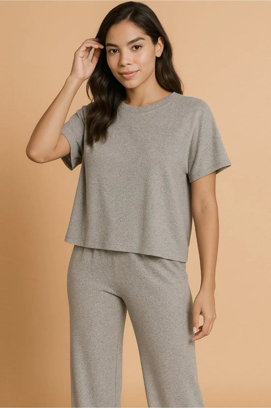 Gray Zenana soft melange short sleeve tee and long pants set by Trendsi, casual loungewear with comfortable fabric.