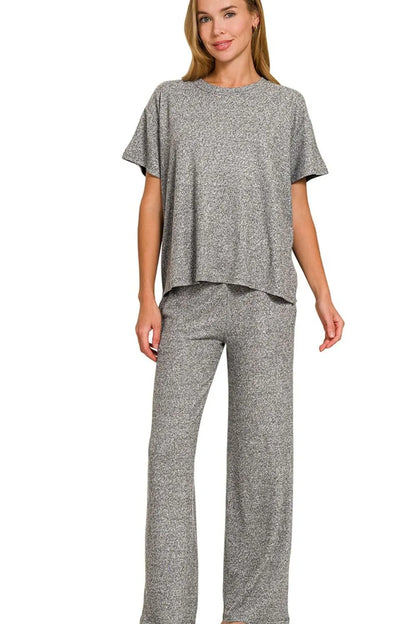 Gray Zenana Soft Melange short sleeve tee and long pants set by Trendsi, cozy loungewear for casual comfort.