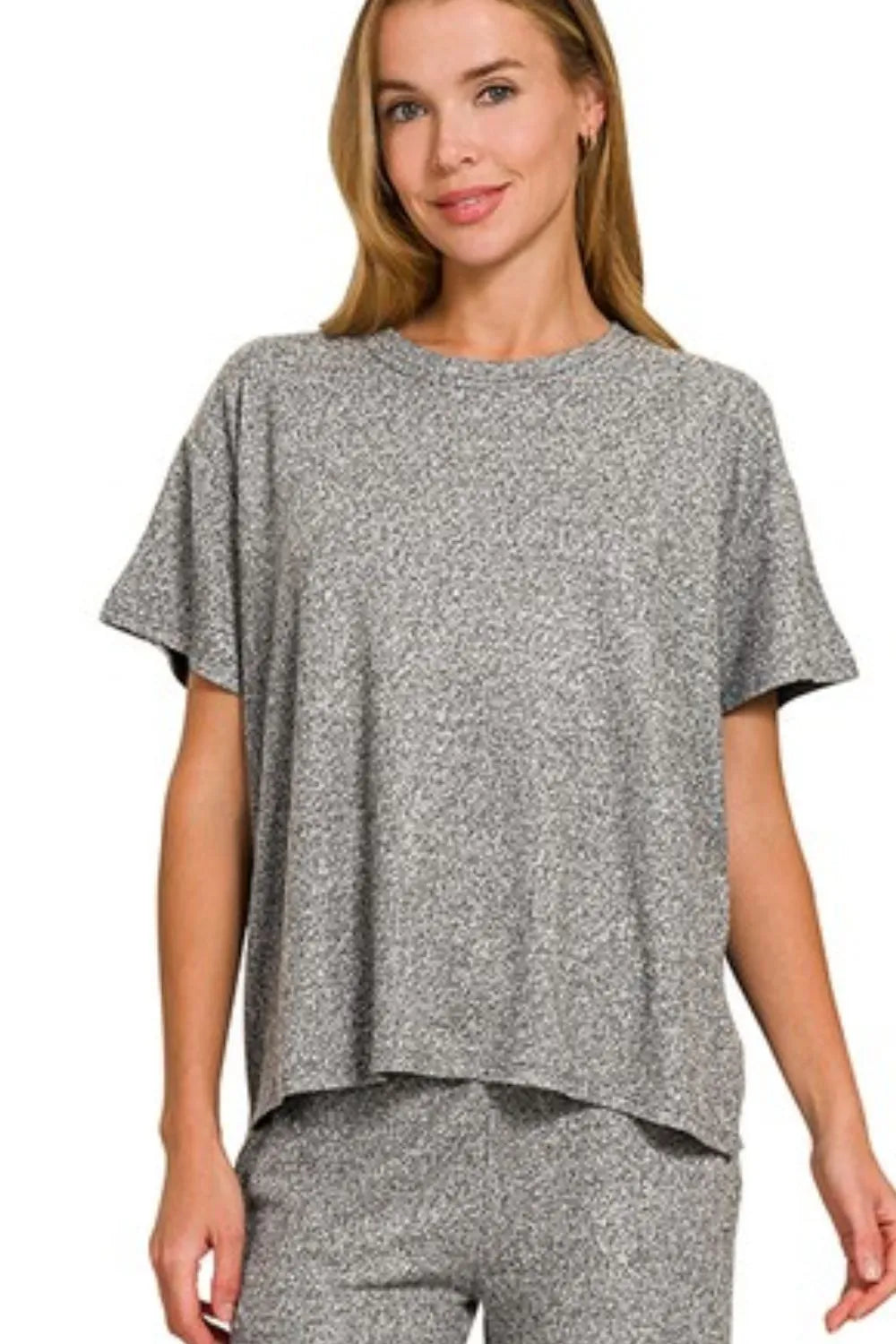 Gray Zenana soft melange short sleeve tee and long pants set, comfortable casual loungewear for women.