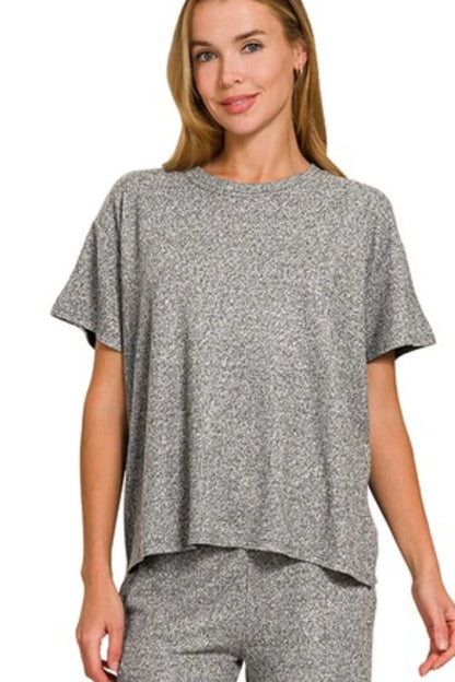 Gray Zenana soft melange short sleeve tee and long pants set, comfortable casual loungewear for women.