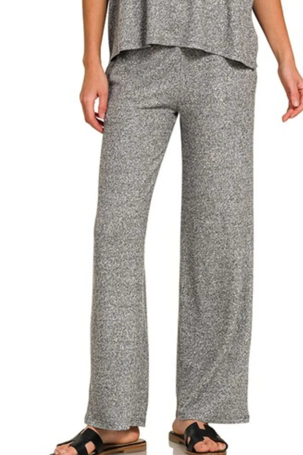 Gray Zenana Soft Melange short sleeve tee and long pants set from Trendsi, casual loungewear with comfortable fabric.