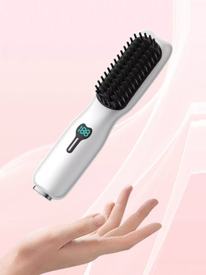 Gray and white Trendsi heated straightening comb with ergonomic handle for smooth, sleek hair styling.