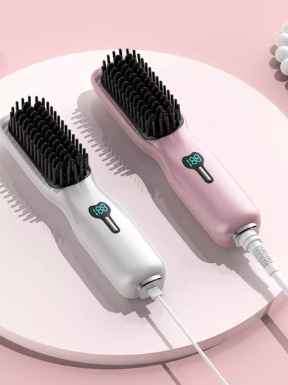 Gray and white heated straightening comb by Trendsi with ergonomic handle and ceramic plates for smooth, straight hair styling.