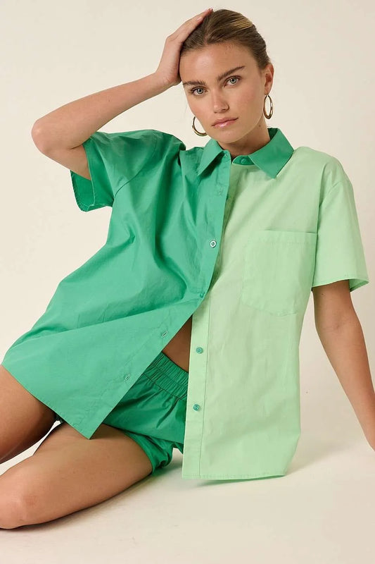 Green mint color block short sleeve shirt and matching shorts set by Mittoshop, casual summer outfit for women.