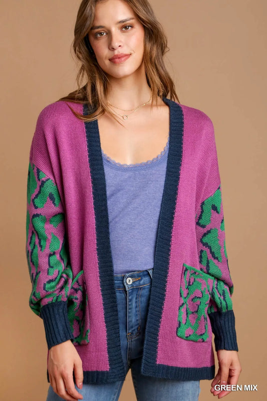 Green animal print open front sweater cardigan by Umgee featuring a cozy knit and stylish design.