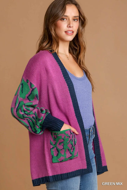 Green mix animal print open-front sweater cardigan by Umgee, featuring a cozy, stylish knit design with a relaxed fit.