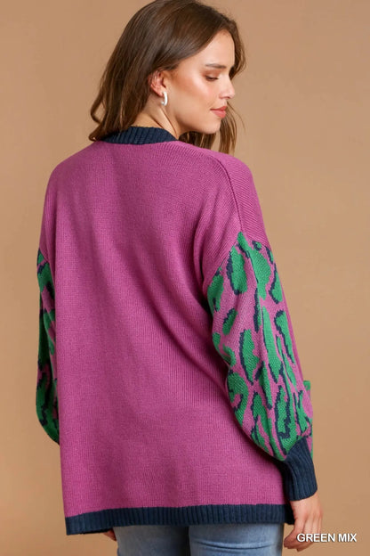 Green mix animal print open front sweater cardigan by Umgee, featuring a cozy, stylish design and natural drape.