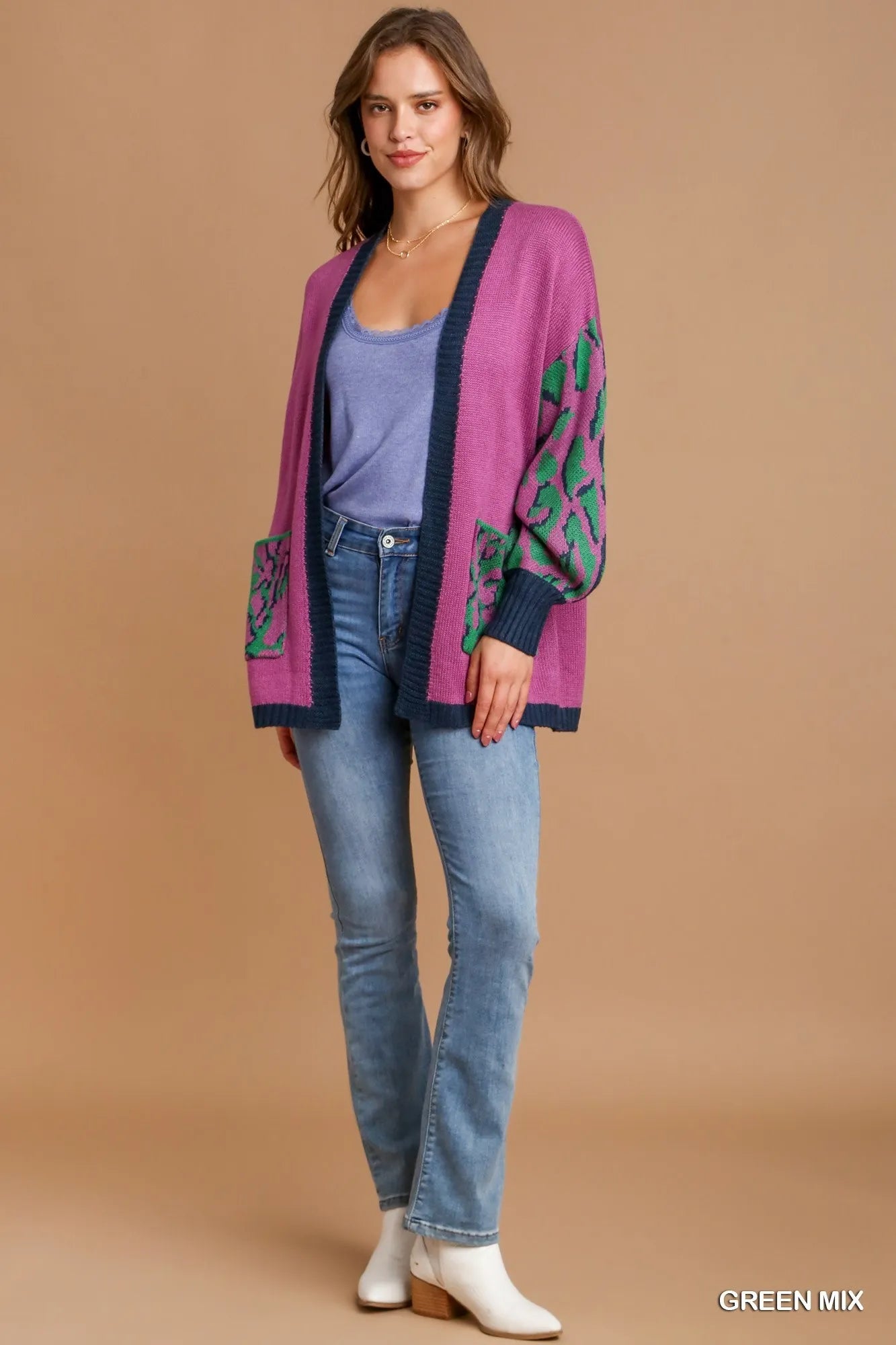 Green mix animal print open front sweater cardigan by Umgee, featuring a cozy, stylish knit design with a relaxed fit.