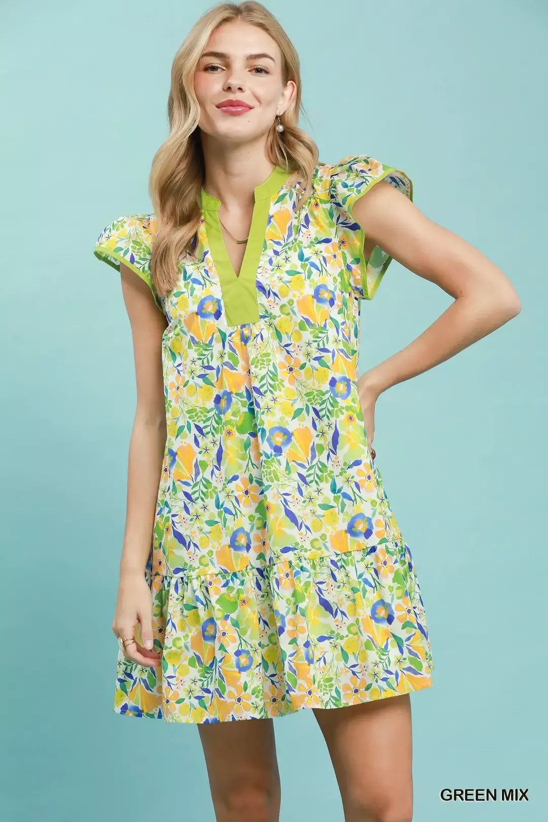 Green floral flutter sleeve tiered mini dress by Umgee, featuring a feminine design and lightweight fabric.