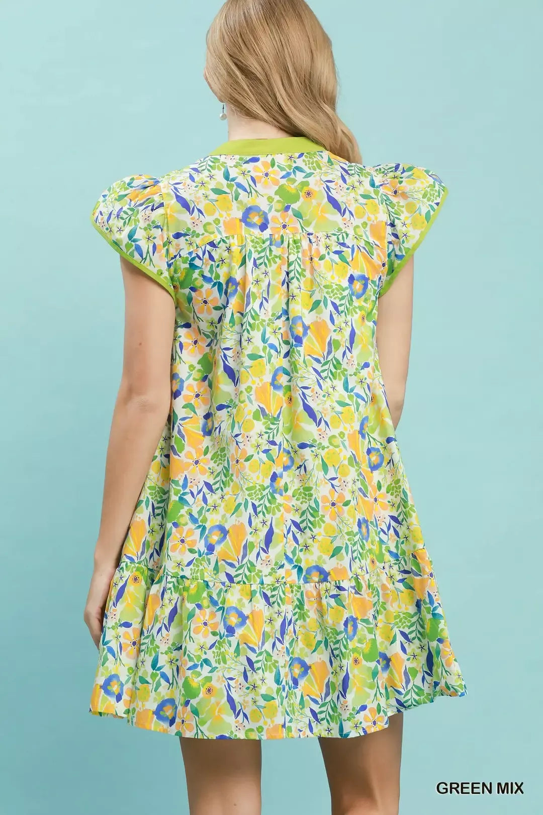 Green floral flutter sleeve tiered mini dress by Umgee, featuring a flowy silhouette and tiered design.