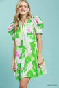 Green floral puff sleeve tiered mini dress by Umgee featuring a trendy, feminine design with a fitted waist and ruffled hem.
