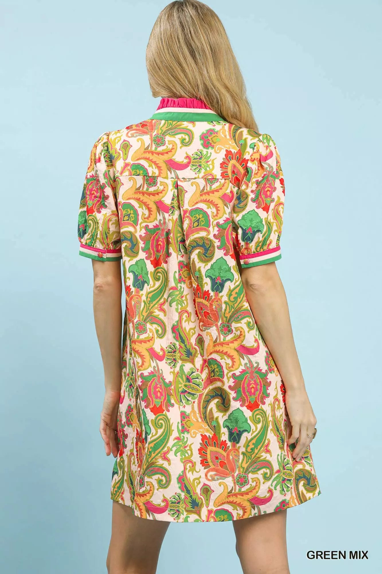 Green mix Umgee Jacquard Abstract Print Mini Dress with long sleeves and a fitted silhouette.