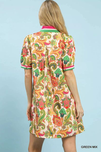 Green mix Umgee Jacquard Abstract Print Mini Dress with long sleeves and a fitted silhouette.