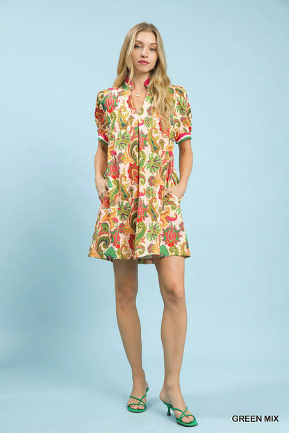 Green and blue Umgee Jacquard Abstract Print Mini Dress by Trendsi, featuring a stylish mini length and intricate jacquard pattern.