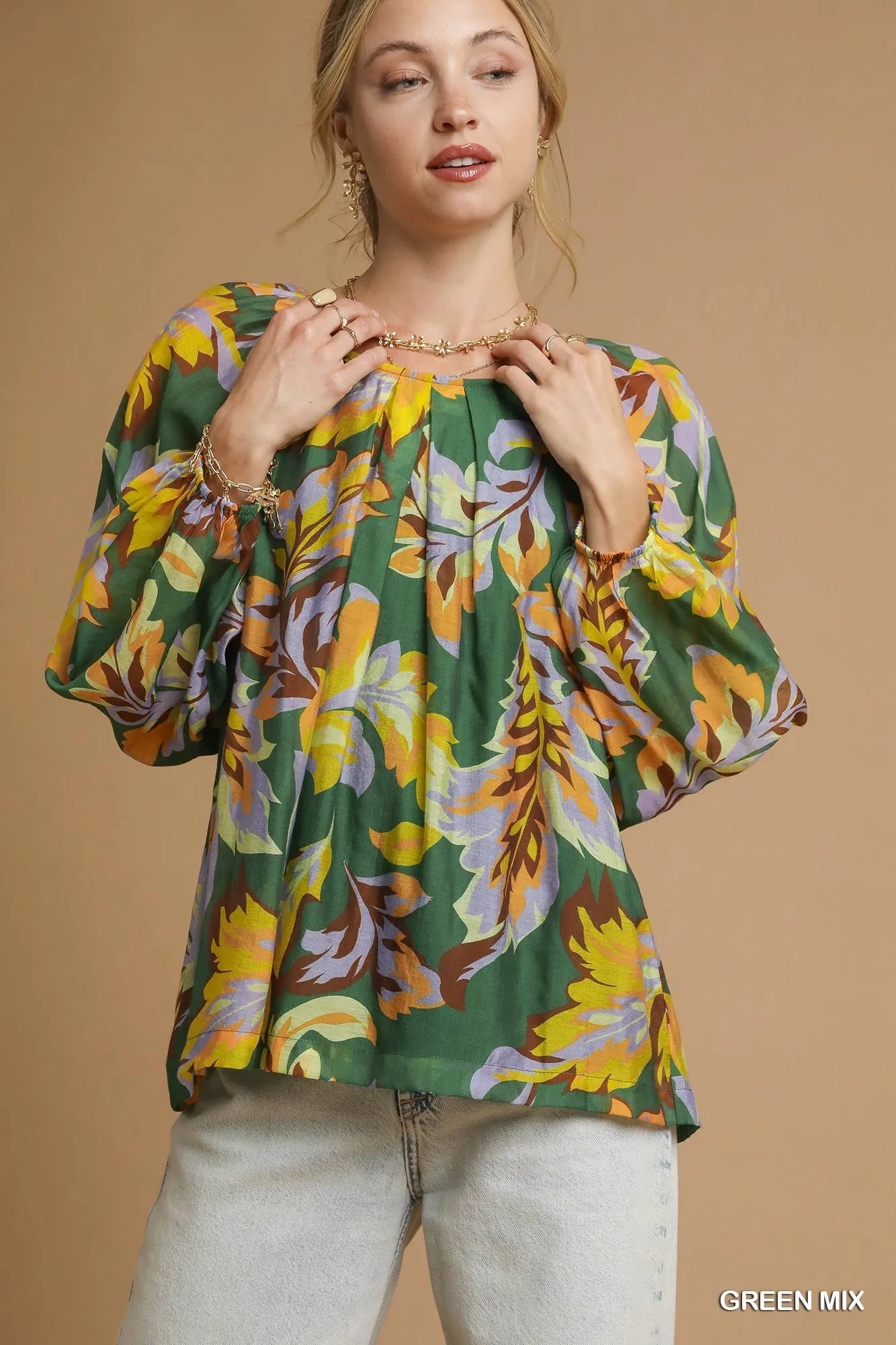 Green mixed abstract print balloon sleeve blouse by Umgee, featuring stylish design and lightweight fabric.