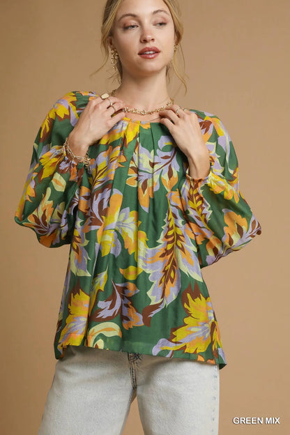 Green mixed abstract print balloon sleeve blouse by Umgee, featuring stylish design and lightweight fabric.