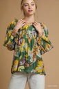 Green mixed abstract print balloon sleeve blouse by Umgee, featuring stylish design and lightweight fabric.