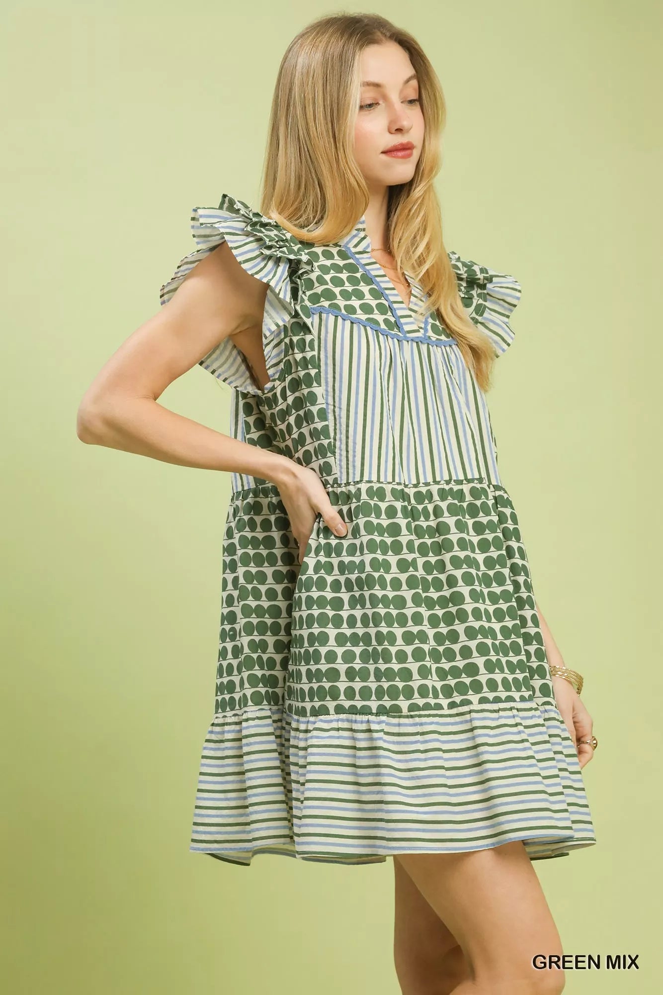 Green Umgee Mix Patchwork Flutter Sleeve Tiered Dress with relaxed fit and layered design, perfect for casual and boho styles.
