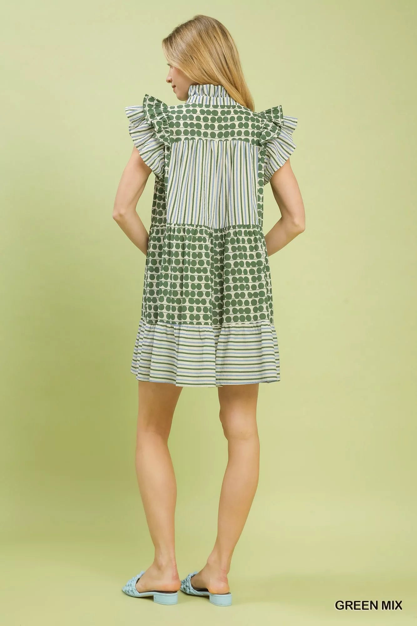 Green Umgee Mix Patchwork Flutter Sleeve Tiered Dress with layered design, featuring patchwork details and a relaxed, stylish fit.