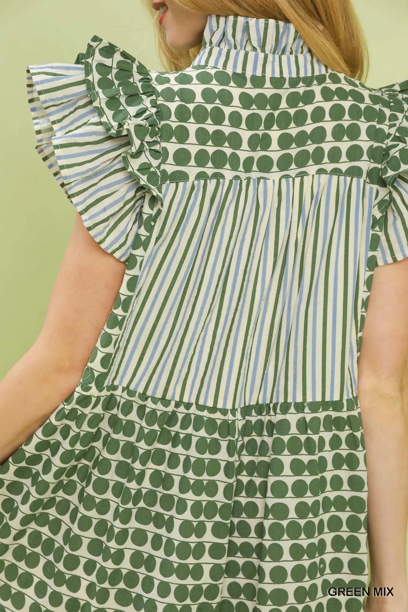 Green Umgee Mix Patchwork Flutter Sleeve Tiered Dress featuring a relaxed fit and casual chic style.