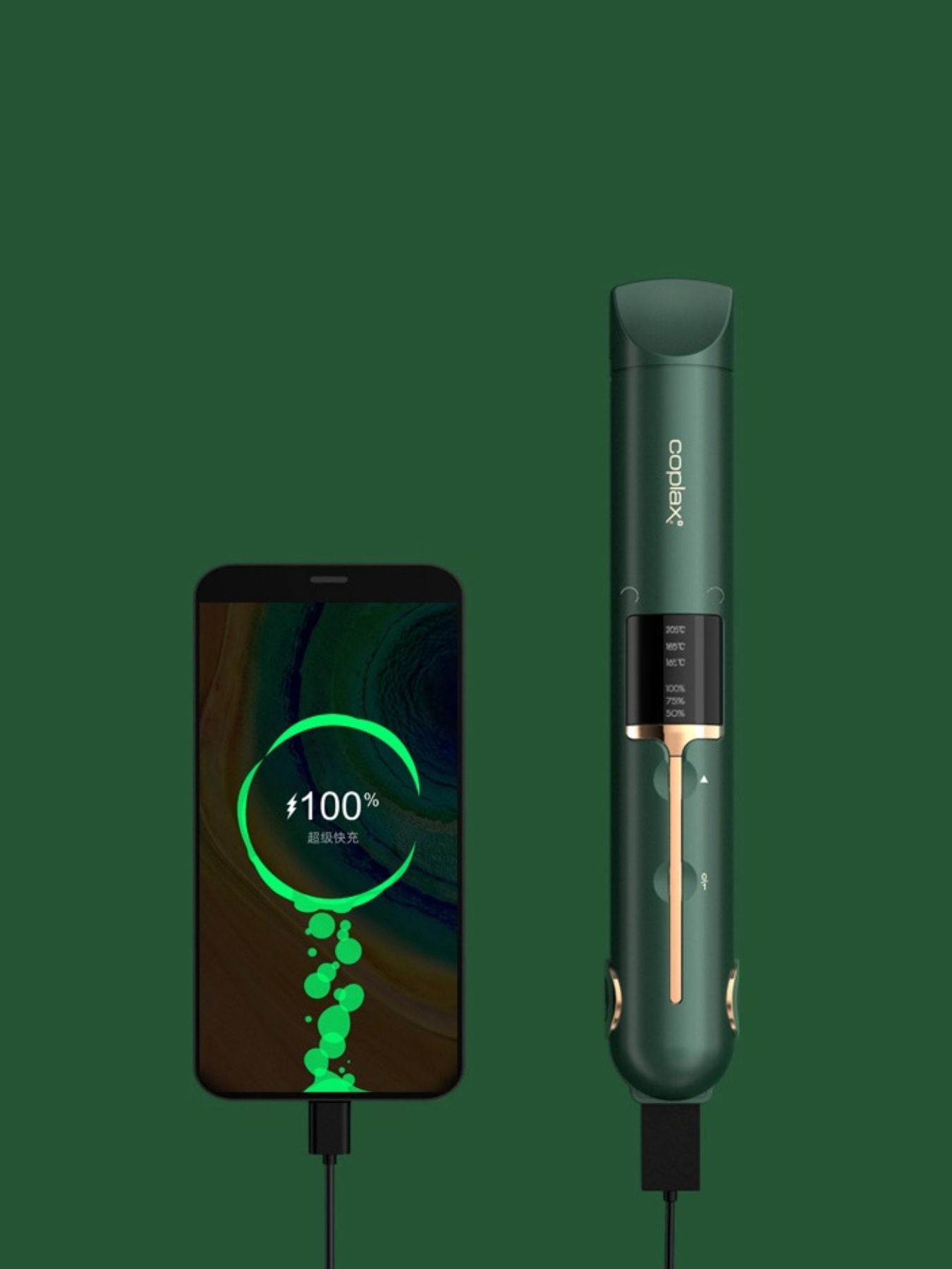 Green cordless portable hair straightener by Trendsi, compact and lightweight for quick styling on the go.