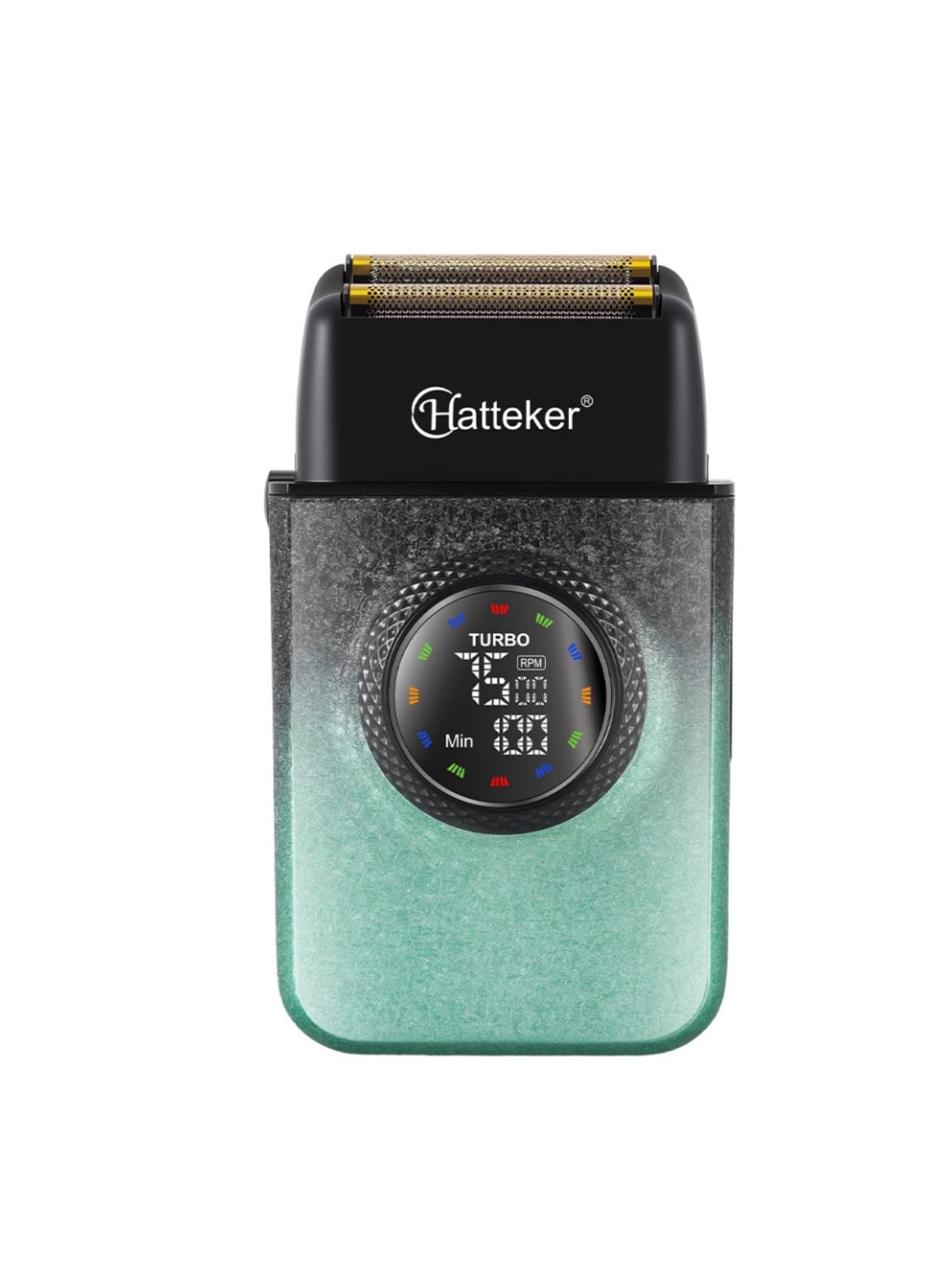 Green Trendsi electric shaver with LED display showing battery life and settings, compact design, ideal for grooming.