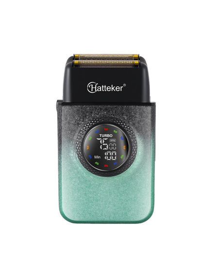 Green Trendsi electric shaver with LED display showing battery life and settings, compact design, ideal for grooming.