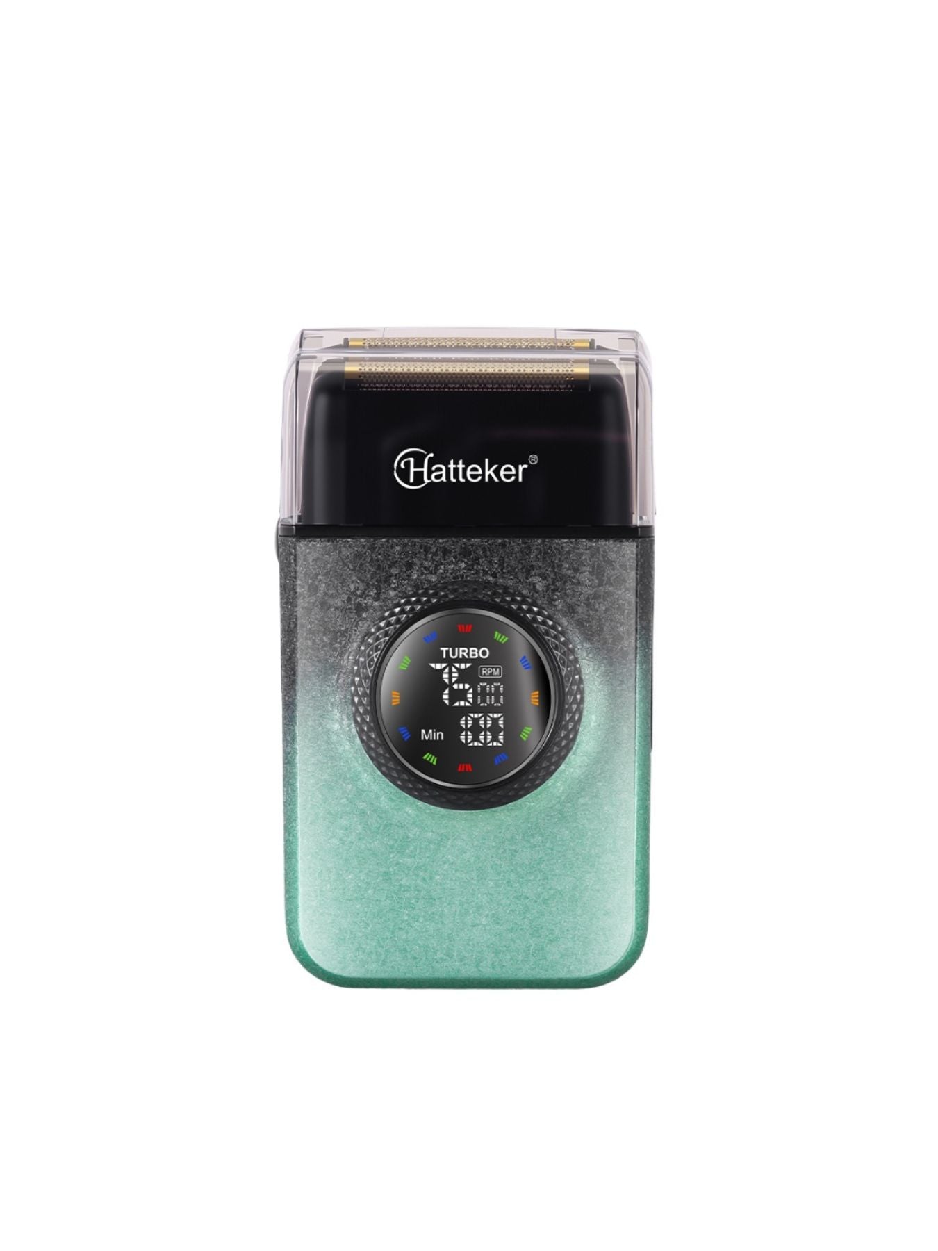 Green Trendsi electric shaver with LED display, showing close-up of shaving head and sleek design.