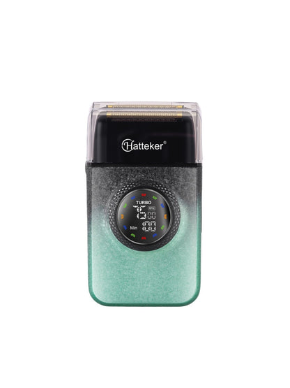 Green Trendsi electric shaver with LED display, showing close-up of shaving head and sleek design.