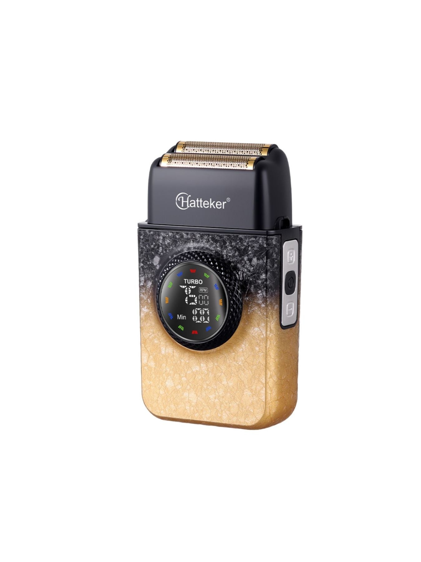 Green Trendsi electric shaver with LED display showing battery level and power settings, compact and ergonomic design.