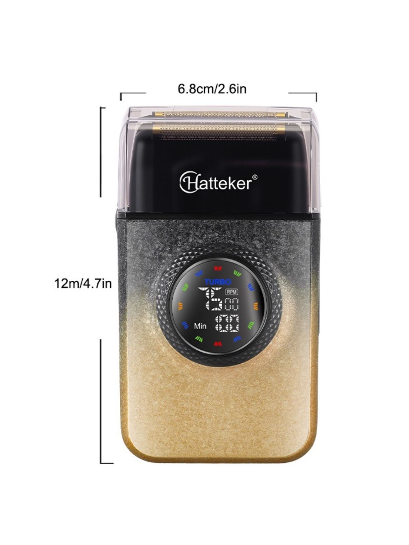 Green Trendsi electric shaver with LED display showing battery level and grooming settings.