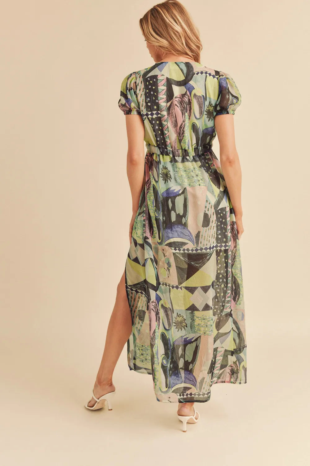 Green Aemi + Co lace detail slit geometric print short sleeve maxi dress with a flowing silhouette and stylish design.
