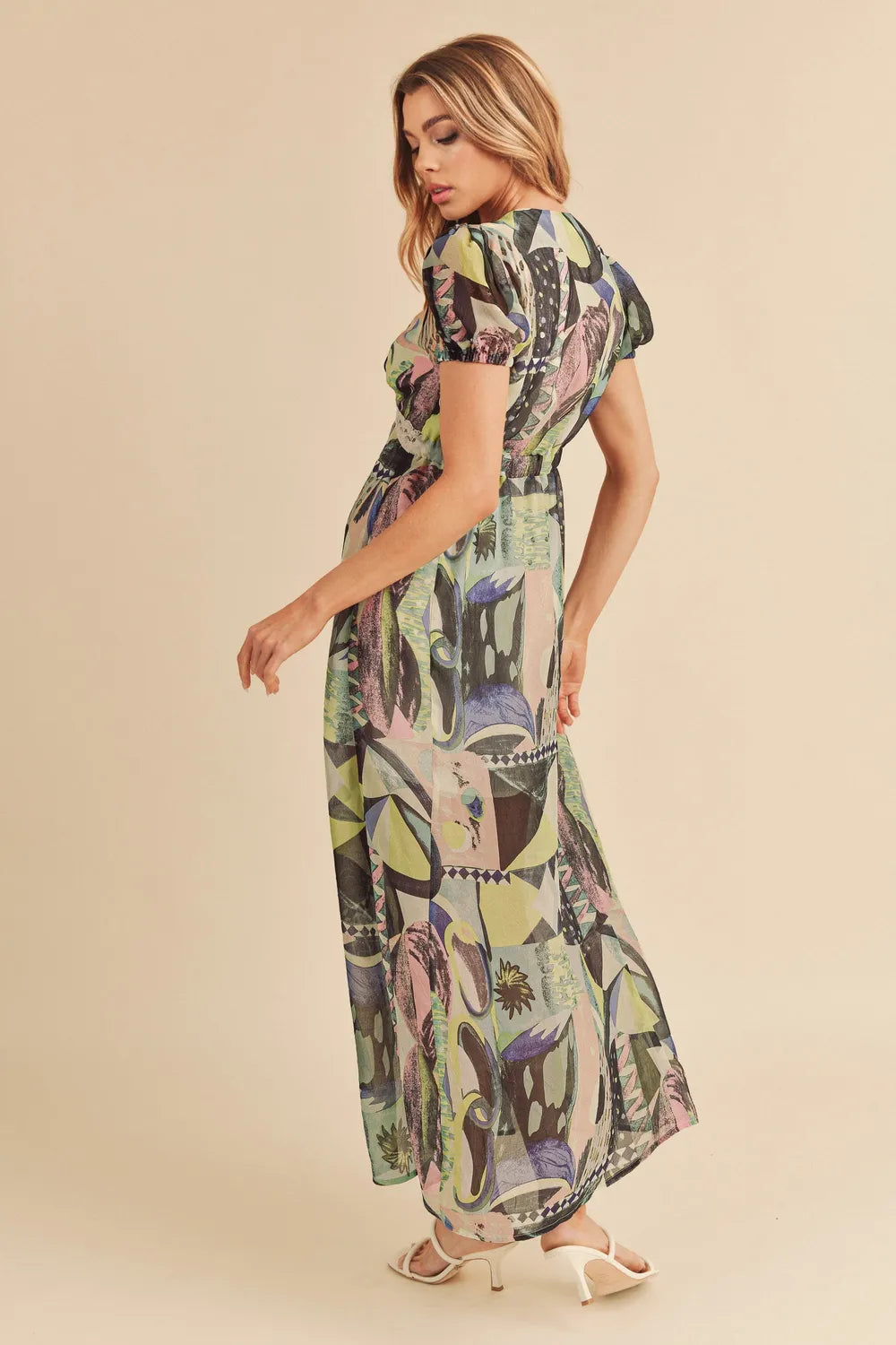 Green Aemi + Co lace detail maxi dress with slit, geometric print, short sleeves, by Trendsi, perfect for casual or summer wear.