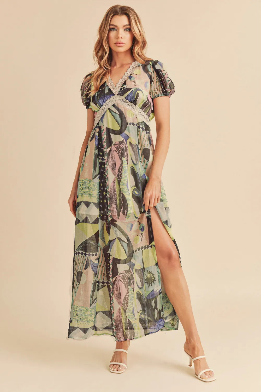 Green Aemi + Co lace detail slit geometric print short sleeve maxi dress, stylish and flowy for summer wear.