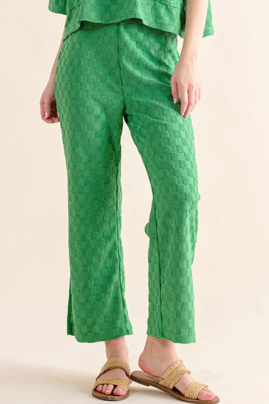 Green brushed texture casual pants with checkerboard pattern from And The Why by Trendsi, featuring relaxed fit and stylish design.
