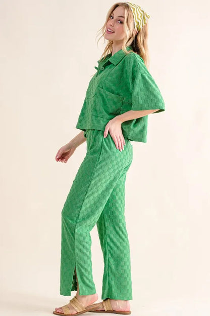 Green And The Why brushed texture casual pants with checkerboard pattern from Trendsi, showing relaxed fit and stylish design.