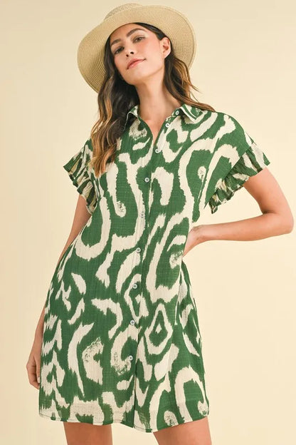 Green Annie Wear abstract printed mini dress with frill sleeves by Trendsi, featuring a stylish shirt dress design.