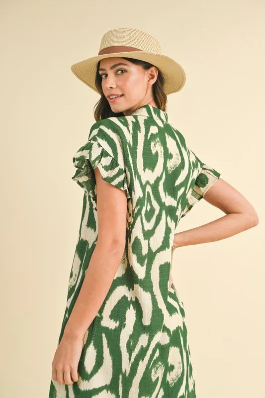 Green Annie Wear abstract printed frill sleeve shirt mini dress, stylish and lightweight for casual or dressy occasions.